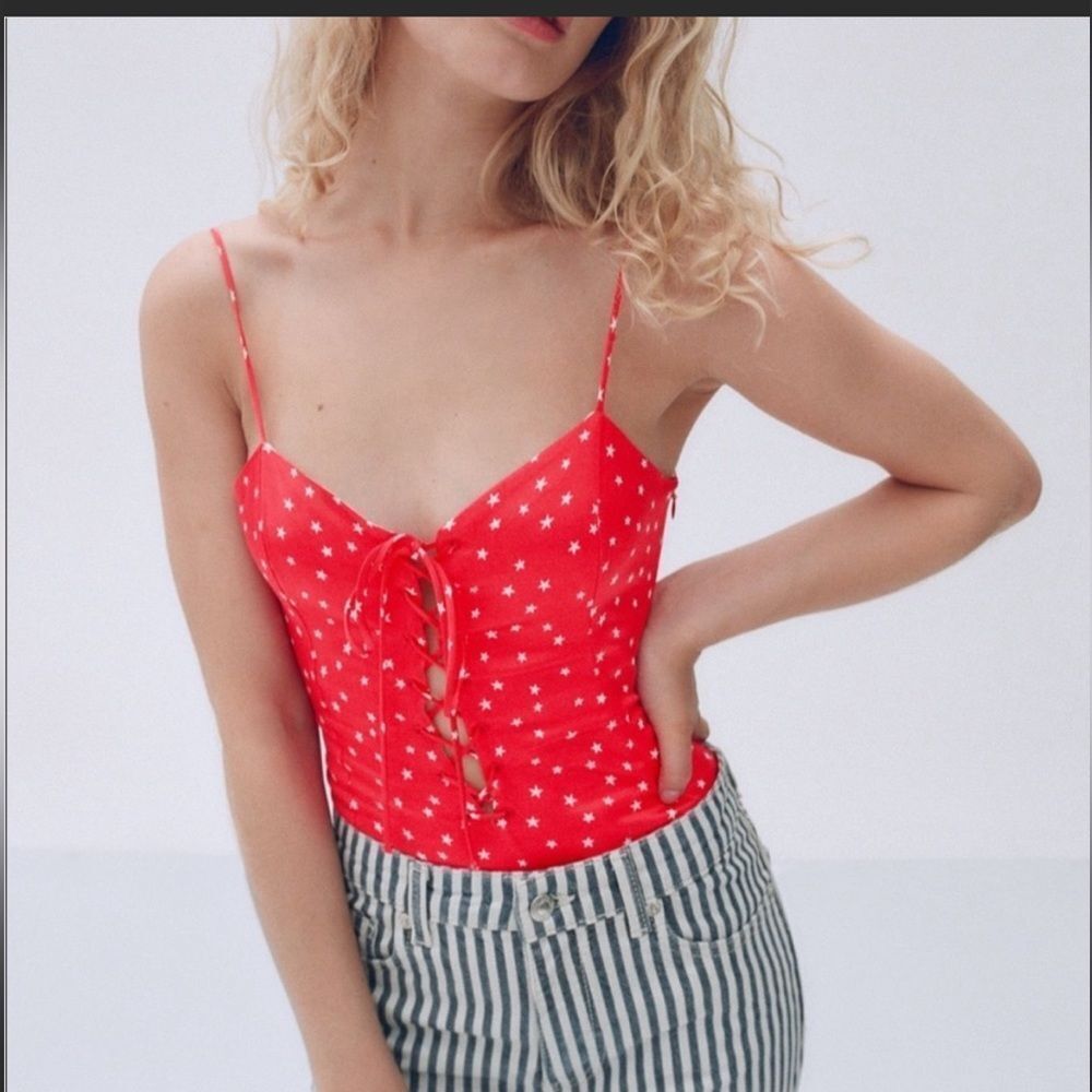Zara Red Star Print Lace-Up Bodysuit Size XS NWT